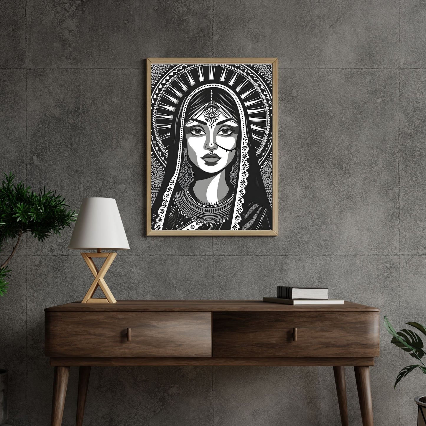 Black & White Indian Traditional Women Framed Wall Art