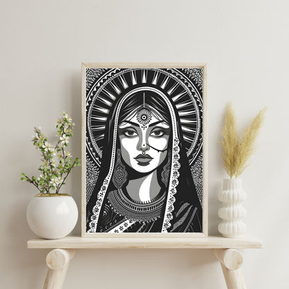 Black & White Indian Traditional Women Framed Wall Art